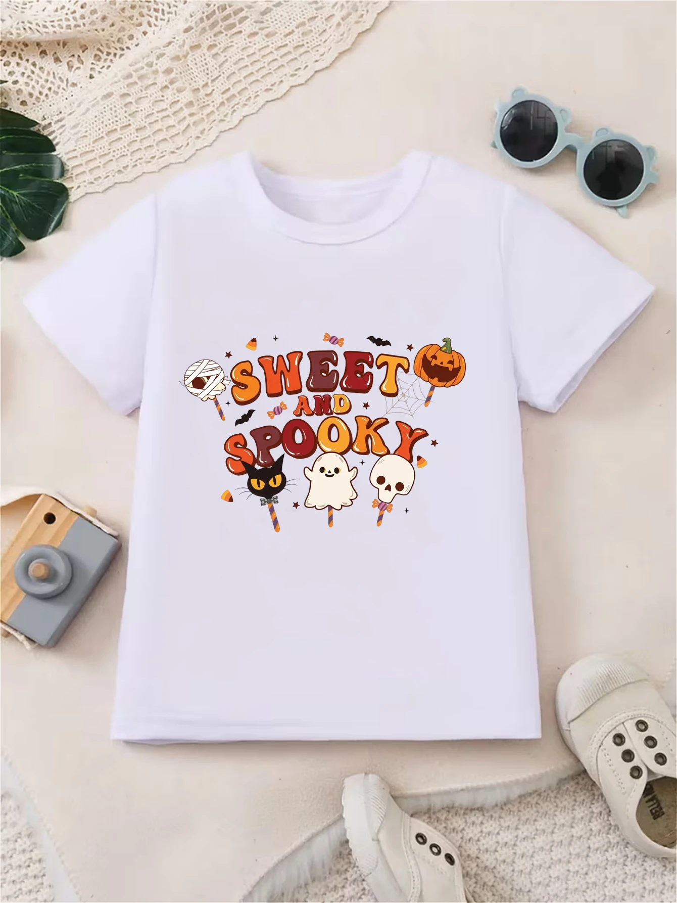 Sweet and Spooky Kids Halloween T-shirt, Ghost Cat Pumpkin Lollipop Pattern Short Sleeved T-shirt - Halloween Party T-shirt Tops