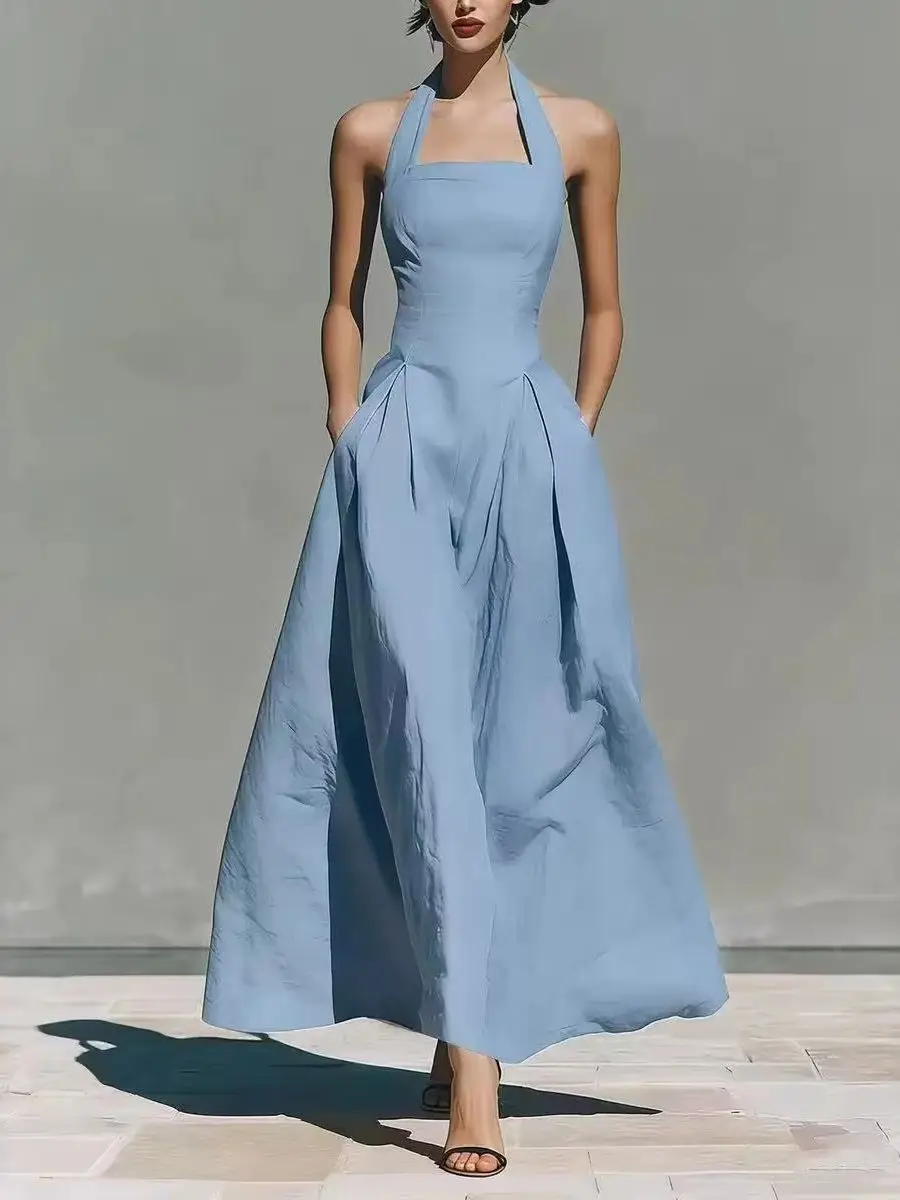 2026 European and American Spring and Summer Neck-Hanging Linen-Style Leisure Fashion Slim-Fitting Pocket