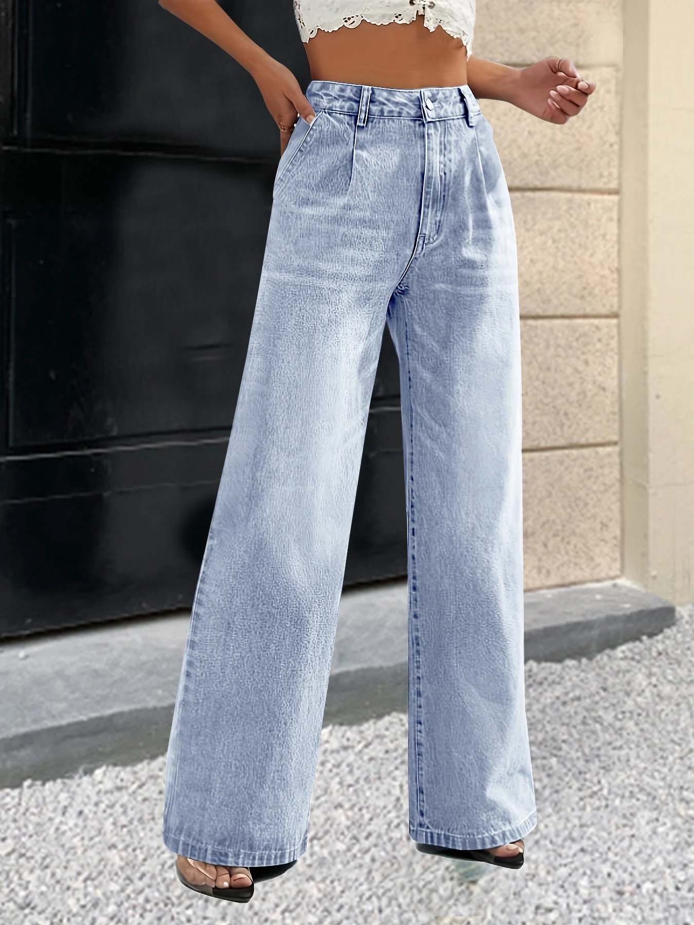 2024 new women\'s cross-border European and American style light blue jeans women\'s straight pants slimming casual out all-match