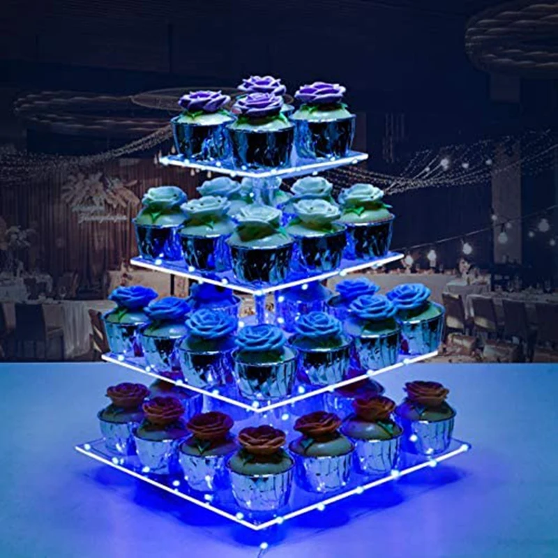 4 Tier Cupcake Stand Acrylic Cupcake Display Stand Dessert Serving Towers with LED Light for Weddings (Warm Light)