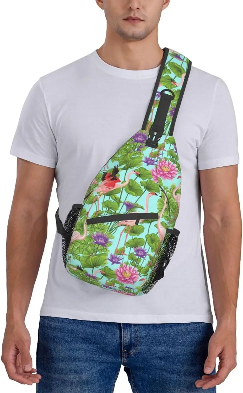 Bolso de pecho cruzado de flores de amor de flamenco, mochila de viaje diagonal, viaje ligero, bolso de hombro individual para senderismo