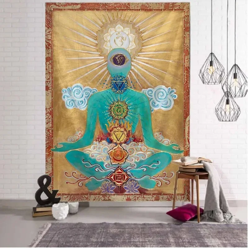 VIKAMA Boho Yoga Meditation Wall Tapestry Psychedelic Goddess Om Pattern Large Fabric Wall Blanket for Indoor Room Decor