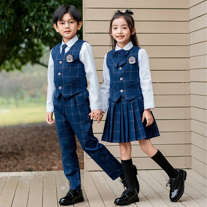 

Children School Uniform Girls Korean Japanese Plaid Jacket Pleated Skirt Boys Formal Dress Suits Kids Student Clothes Class Sets