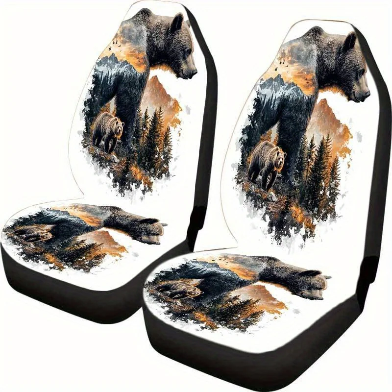 2 Wild Charm Bear Pattern Car Seat Covers 2pcs Set - A Universal Seat Cover For SUV Trucks, Inspired By Nature-inspired Interior