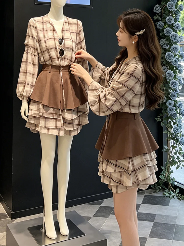 Korean Style Plaid Long Sleeve Dress Women's Summer New Elegant Youth Slimming Short Skirt High Waist A-Line Dress