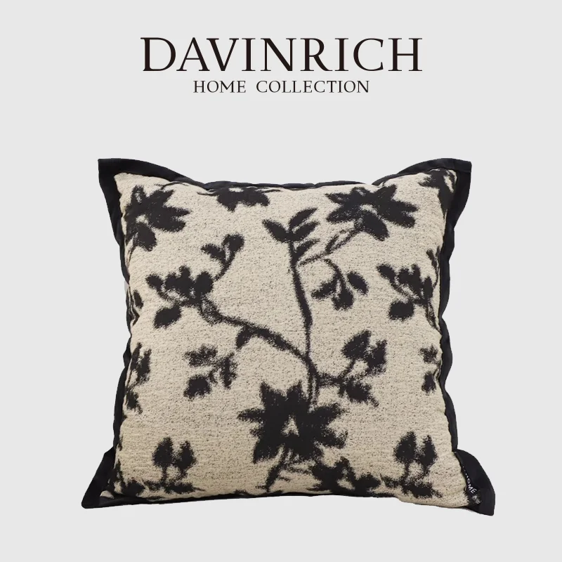 DAVINRICH French Retro Ink Flower Decorative Pillowcase Luxury Yarn Dyed Fabric Texture Square Cushion Cover For Farmhouse Villa