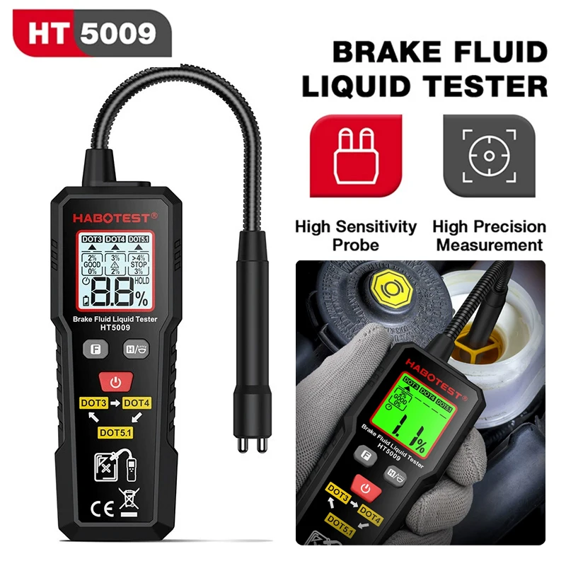 HT5009 Automotive Brake Fluid Brake Oil Tester Portable Digital Brake Fluid Tester DOT3/DOT4/DOT5.1 Test With Flexible Probe