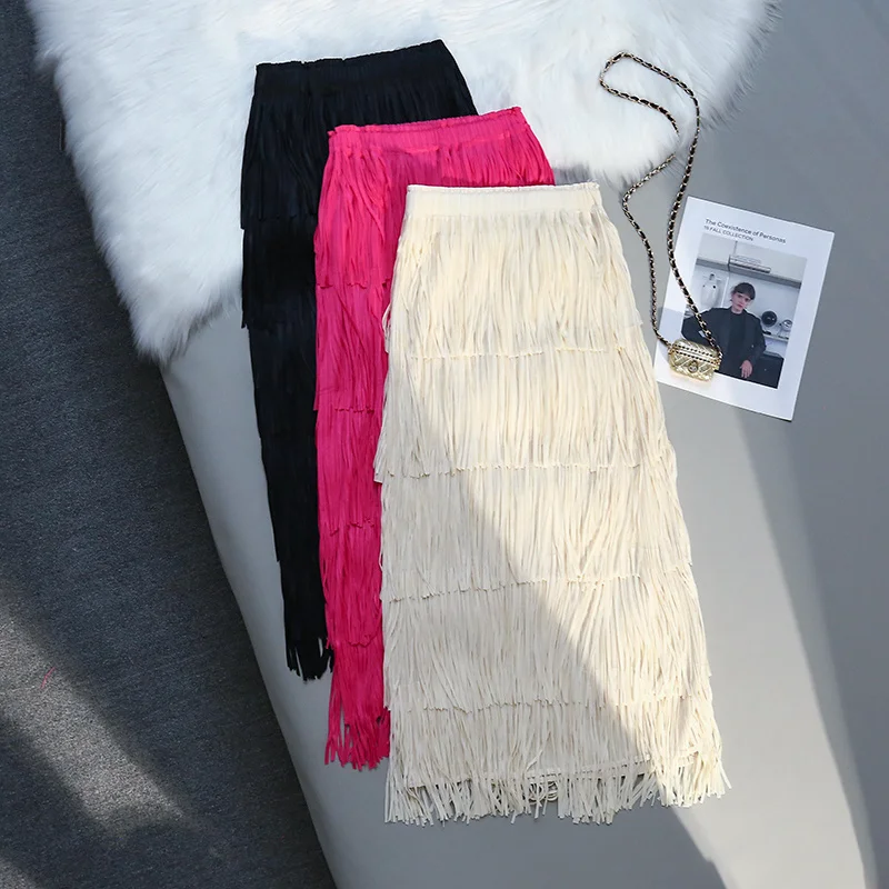 

Five-Layer Fringed Cake Women All-Match Slim Elastic Waist Design Straight Tube Skirt Tassel Hem Solid Midi Skirts Female
