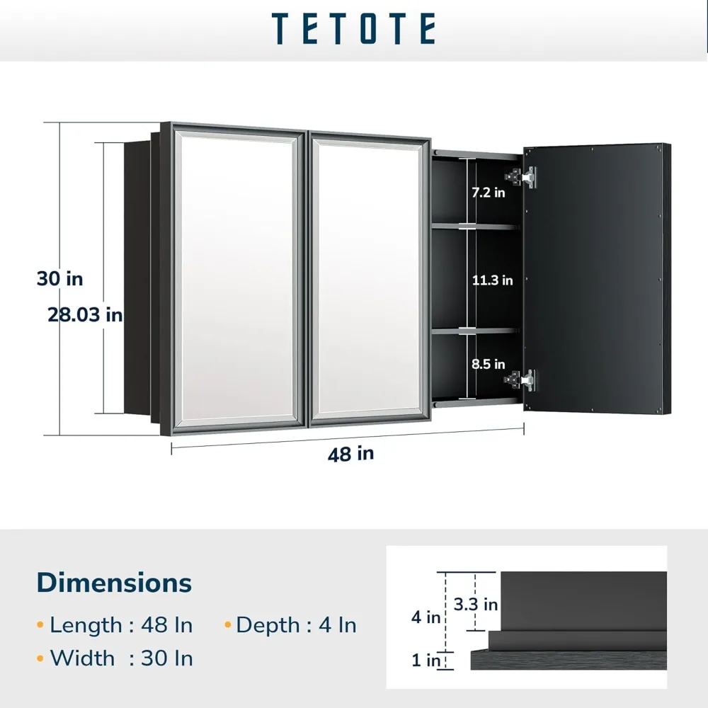 Mirror Cabinets, 48x30 Inch Medicine Cabinet Brushed Silver Frame with Mirror for Bathroom Aluminum, Mirror Cabinets