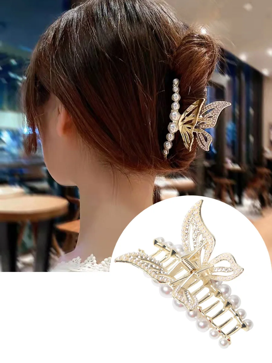 Pince à cheveux en alliage pour femmes, pince à cheveux en forme de papillon avec perles dorées, accessoires pour cheveux doux