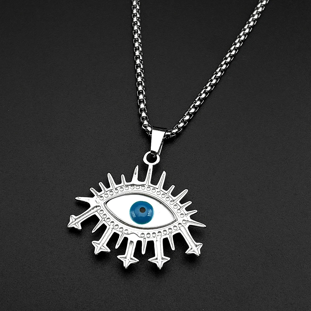 Vintage-Halskette mit bösem Blick-Anhänger für Damen und Herren, Edelstahl, goldfarben, Glücksamulett, Teufelsblau-Augen-Kette, Schmuckgeschenk – Detail 7