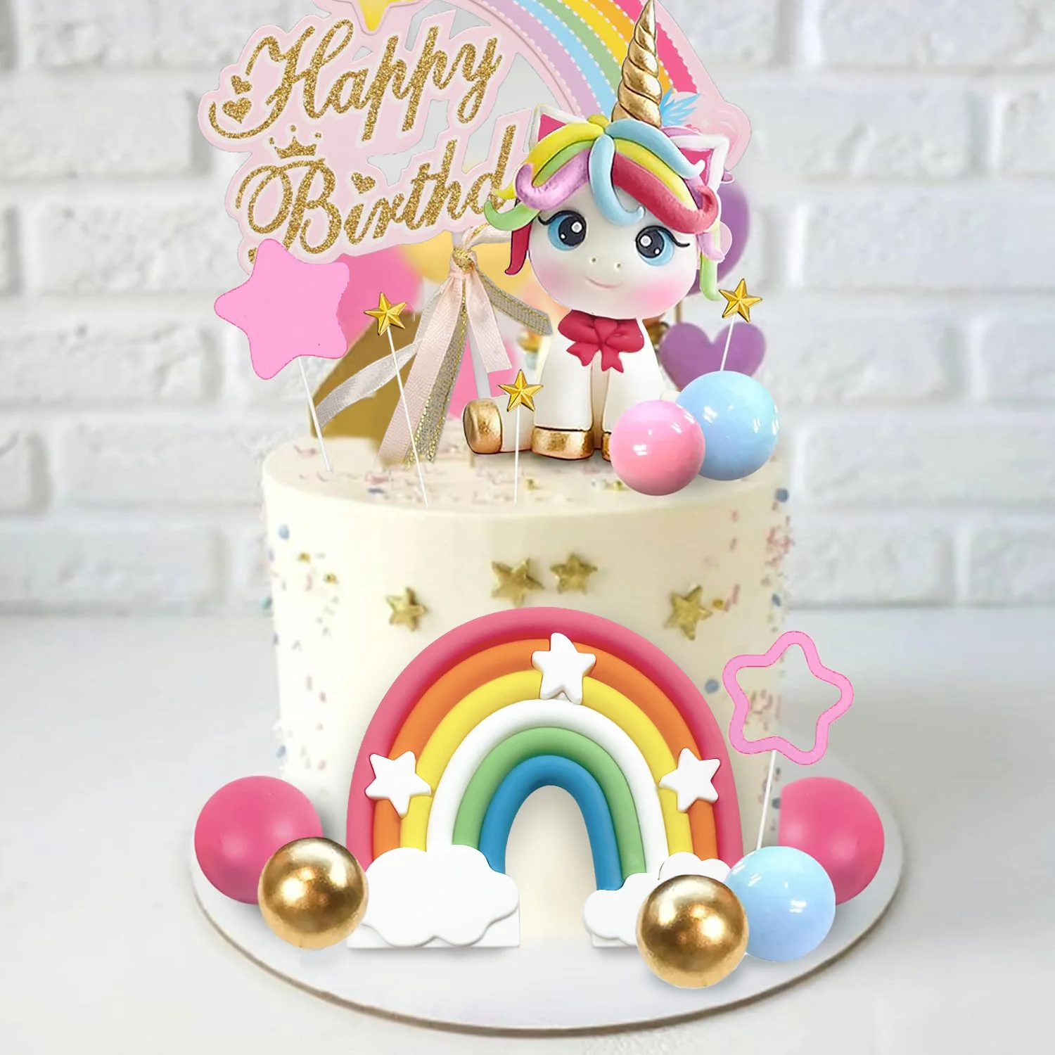 Unicorn Cake Topper, Unicorn Rainbow Cake Decorations with Rainbow Stars Unicorn Balls Happy Birthday Cake Decorations
