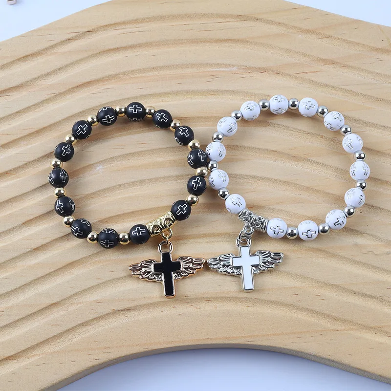 سوار مسبحة من خرز الأكريليك المتقاطع مع قلادة ملاك مطلية بالذهب - هدية معمودية دينية مجوهرات مصنوعة يدويًا (قابلة للتعديل) #3