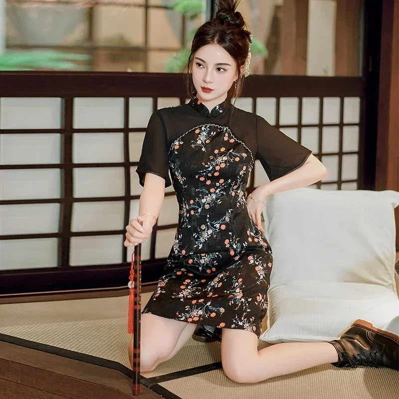 

Modern Improved New Traditional Chinese Short Sleeve Cheongsam Sexy Black Floral Stitching Qipao Dress