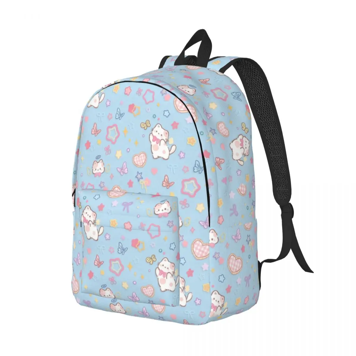 Soft Aesthetic Student Backpack Tossed Cat Heart Playful Kawaii Light Blue White Pink Fashion Daypack for College Travel Gift