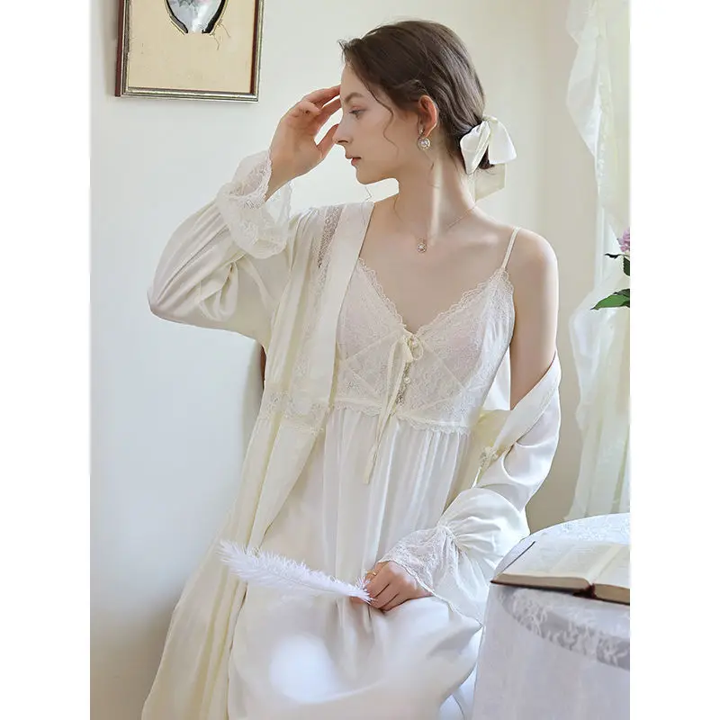 2 Pieces Women Pajamas Sets Faux Silk Sleepwear Sets Embroidery Lace Bath Gown Wedding Night Dress Robe Peignoirs Princess