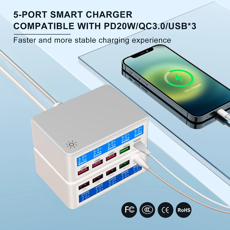 

Factory Price 65W 5 Ports LED large screen multiple USB charging station desktop charger with CE FCC ROHS