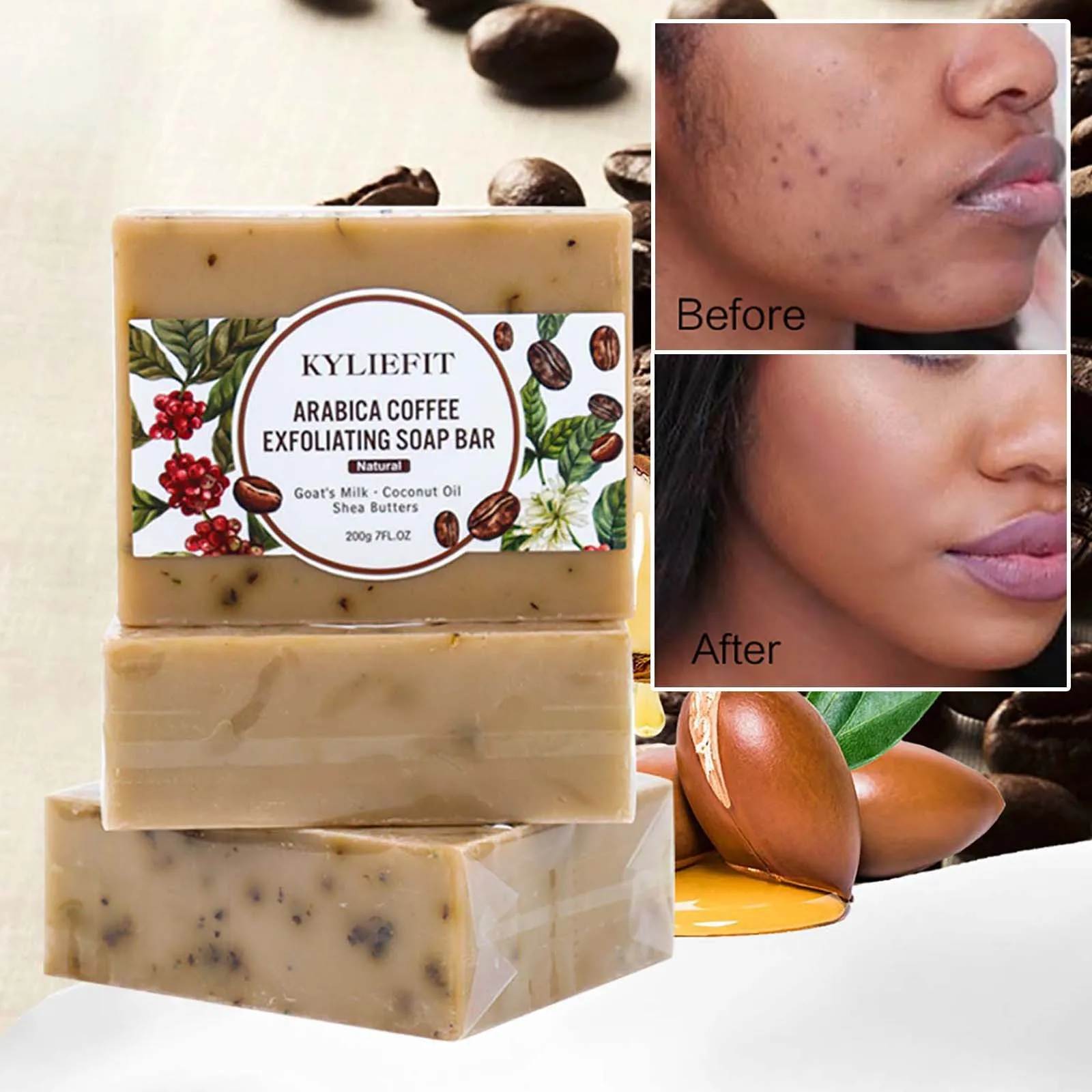 

KYLIEFIT Arabica Coffee Exfoliating Soap, Whitening, Reduce Spots, Smooth Skin, With Coconut Oil, Shea Butter, for Face, Body