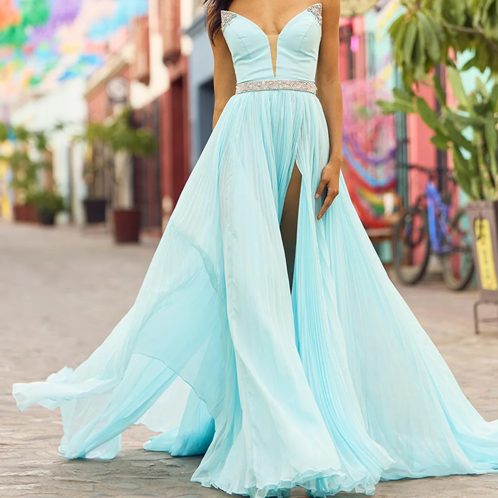 A-Line Floor Length V-Neck Chiffon Sleeveless Solid Color Formal and High Quality Evening Dresses Sashes and Beading Zipper Back