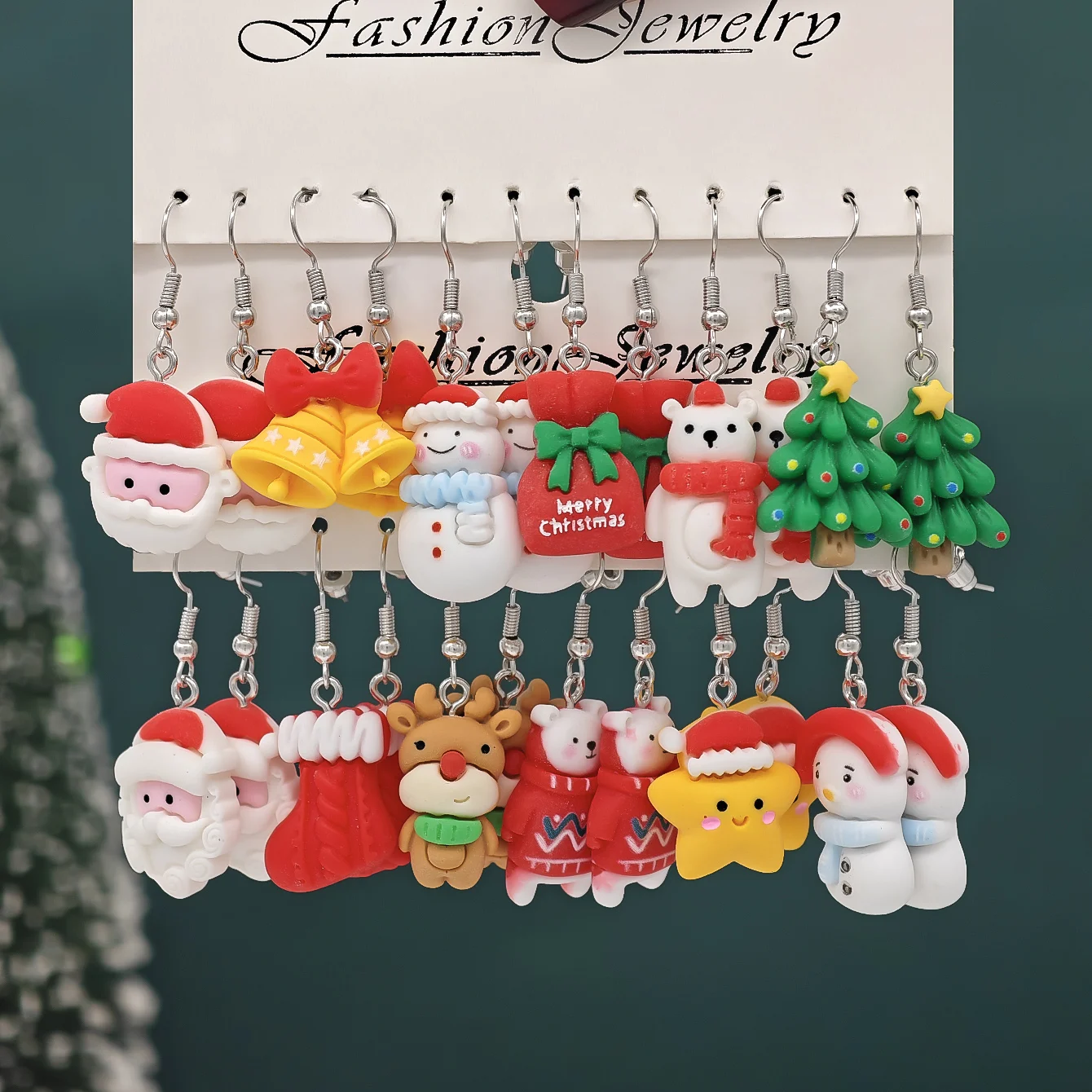 12pcs Christmas Earrings Creative Christmas Tree Santa Claus Snowman Angel Cute Little Deer New Set