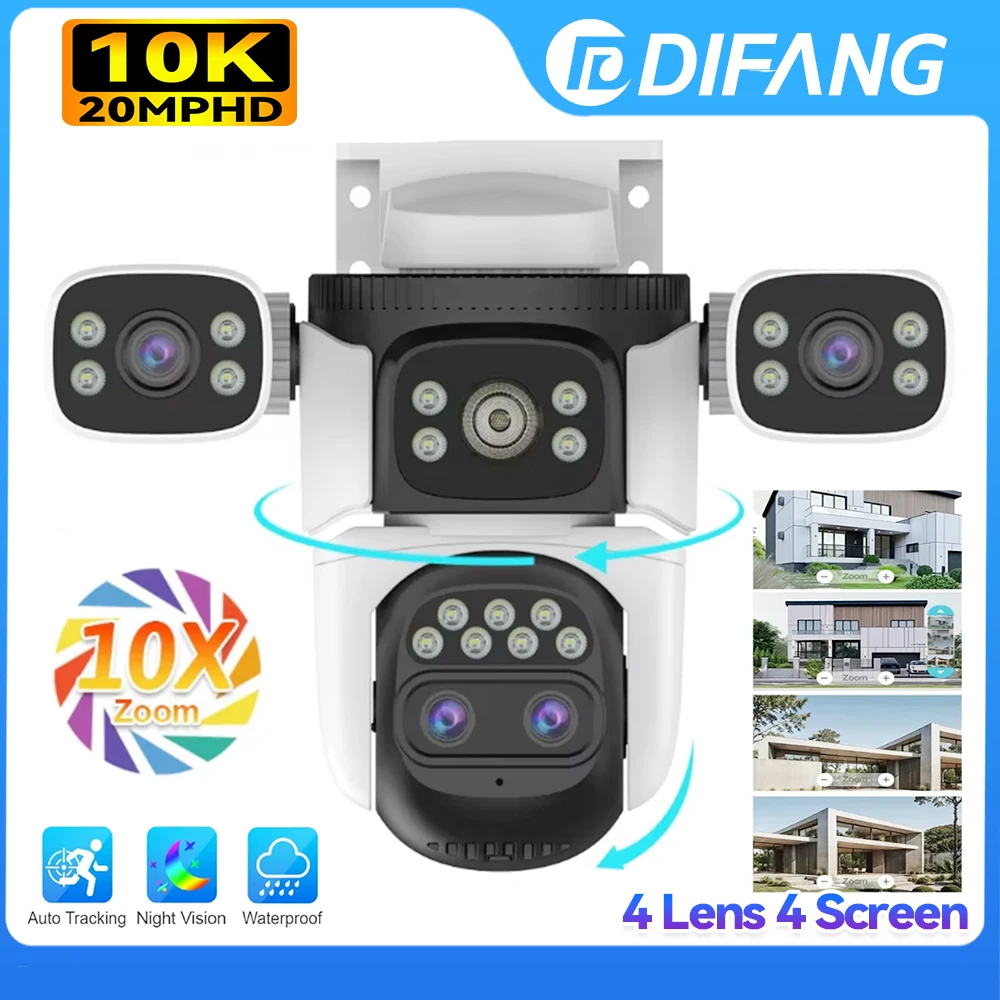 

10K Outdoor Optical 10X Zoom 20MP WiFi Camera Four Lens Four Screens PTZ Human Two Way Audio Auto Tracking Security Camera CCTV