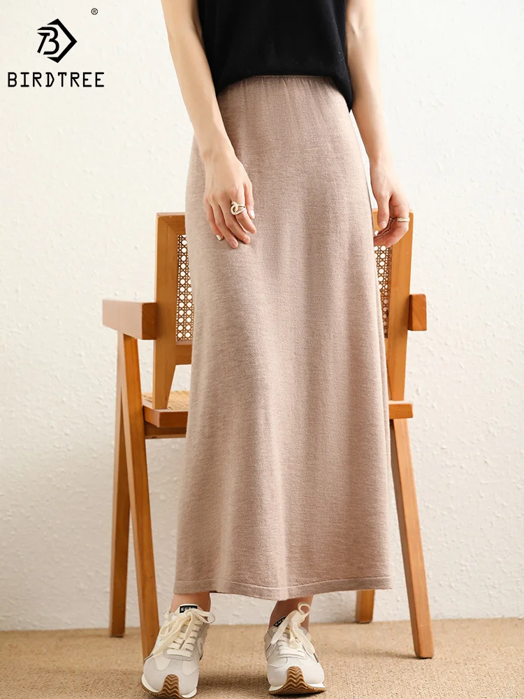 

Birdtree 100%Pure Wool Elegant Long Skirt Women New Solid Color Knit Versatile Straight Thin Skirts Fall Winter Bottom B3N539QM