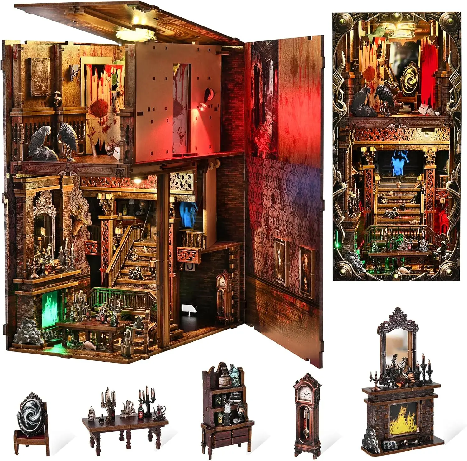 Creepy Book Nook Kit, DIY Miniature Dollhouse Halloween 3D Puzzle,Horror Scary 3D Wooden Puzzle Bookend Bookshelf Insert Decor w