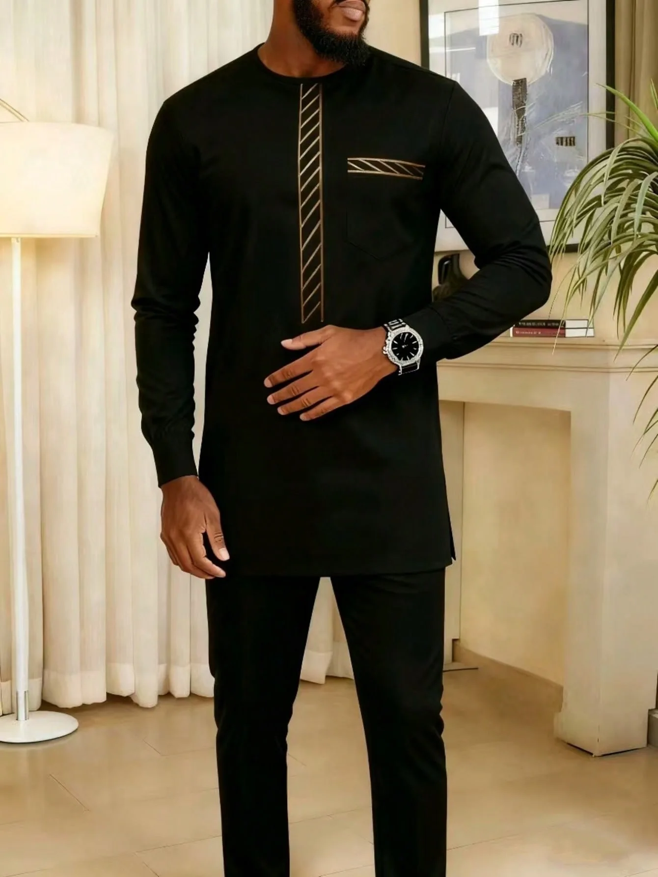 Vêtements africains Dashiki pour hommes, été automne, polyester noir gris, haut et pantalon assortis, vêtements africains