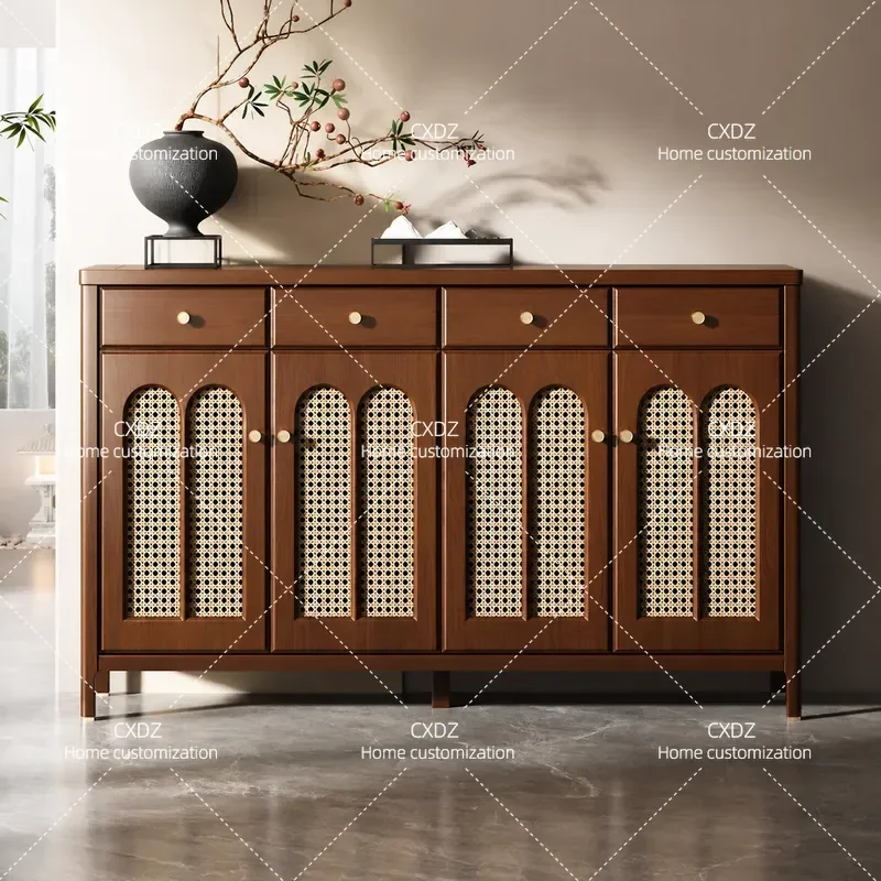 Solid Wood Shoe Cabinet Storage Rattan Integrated Wall Mounted Entrance Hallway Organizer Home Doorway Furniture 2025 New