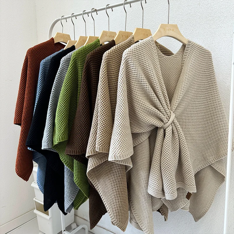 8 Colors Knitted Shawl Overcoat Warm Loose Poncho Cappa Autumn Wrap Women Criss-Cross Out Streetwear Cloak