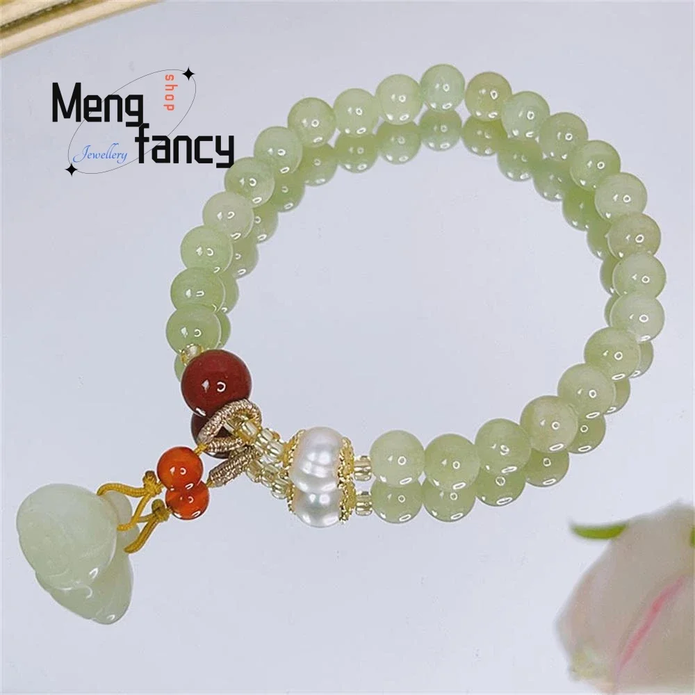 Natural Hetian Jade Flower Bracelet Chalcedony Bells Double Circle Simple Beaded Bracelet Retro Ethnic Style Lotus Fine Jewelry