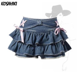 Trendy Sweet Bandage Bow Women Skirts Y2k Aesthetic A-line Pleated Mini Skirt High Waist Slim Streetwear Denim Faldas Grunge