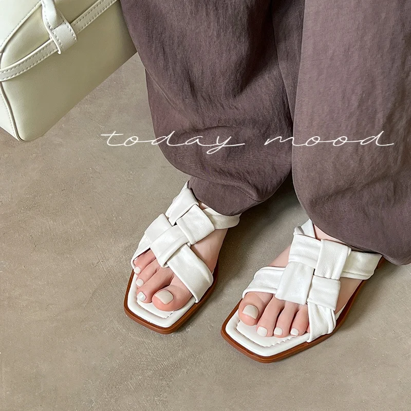 2026 new summer women sandals natural leather 22-25cm weave sheepskin cross-strap low heel women shoes fashion slippers ladies
