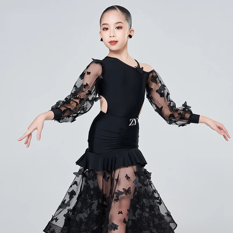 Robes de danse professionnelles pour enfants filles robe de danse latine en maille noire vêtements de danse de salon de valse pour enfants vêtements de scène SL11992