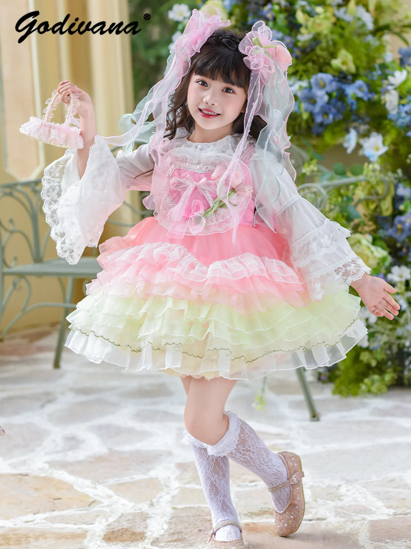Sweet Baby Girls Heavy 3D Floral Tulle Lolita Dress Little Girl Summer New Bow Train Lace Trim Birthday Party Princess Ball Gown