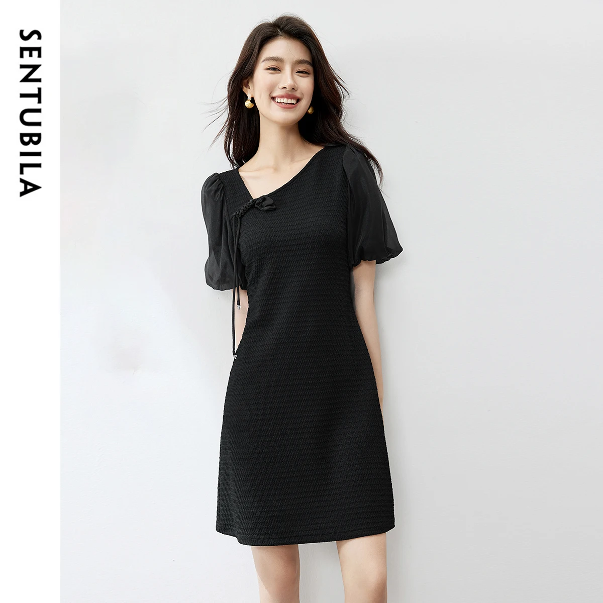 

SENTUBILA Chinese Style Irregular Skew Collar Black Dress 2025 Summer Mesh Spliced Elegant Short Sleeve Mini Dresses 142L54377