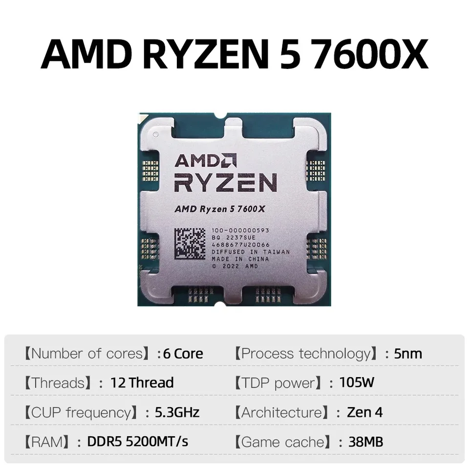 Processador para jogos AMD Ryzen 5, CPU, R5 7600X, 6 núcleos, 12 threads, soquete 5nm, AM5 sem ventilador, PC gamer, nova marca, 38m