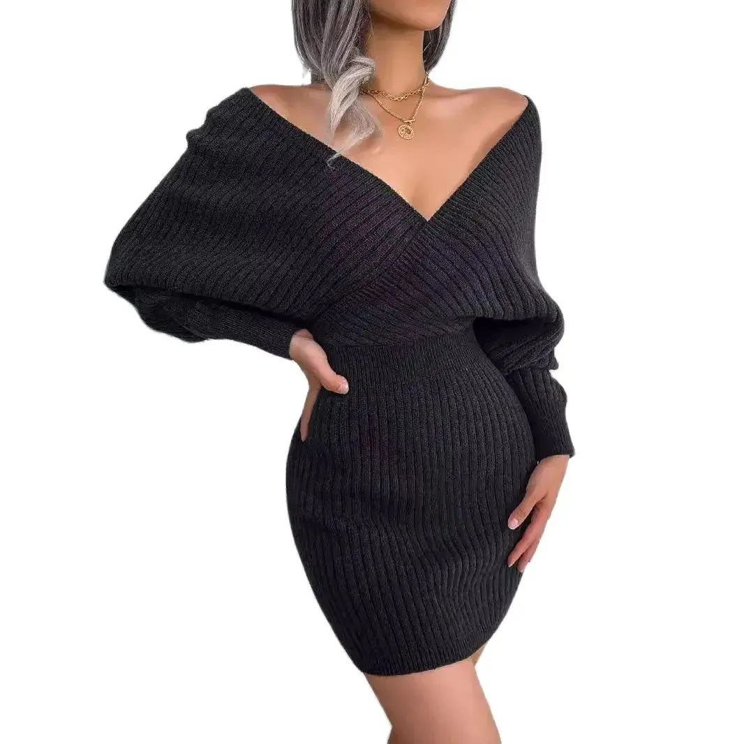 2024 Women Sexy Cross V-neck Bat Skirt Hip Cover Dress Elegant Sweater Knit Wrap Batwing Sleeve Winter Long Sleeve Bodycon Dress