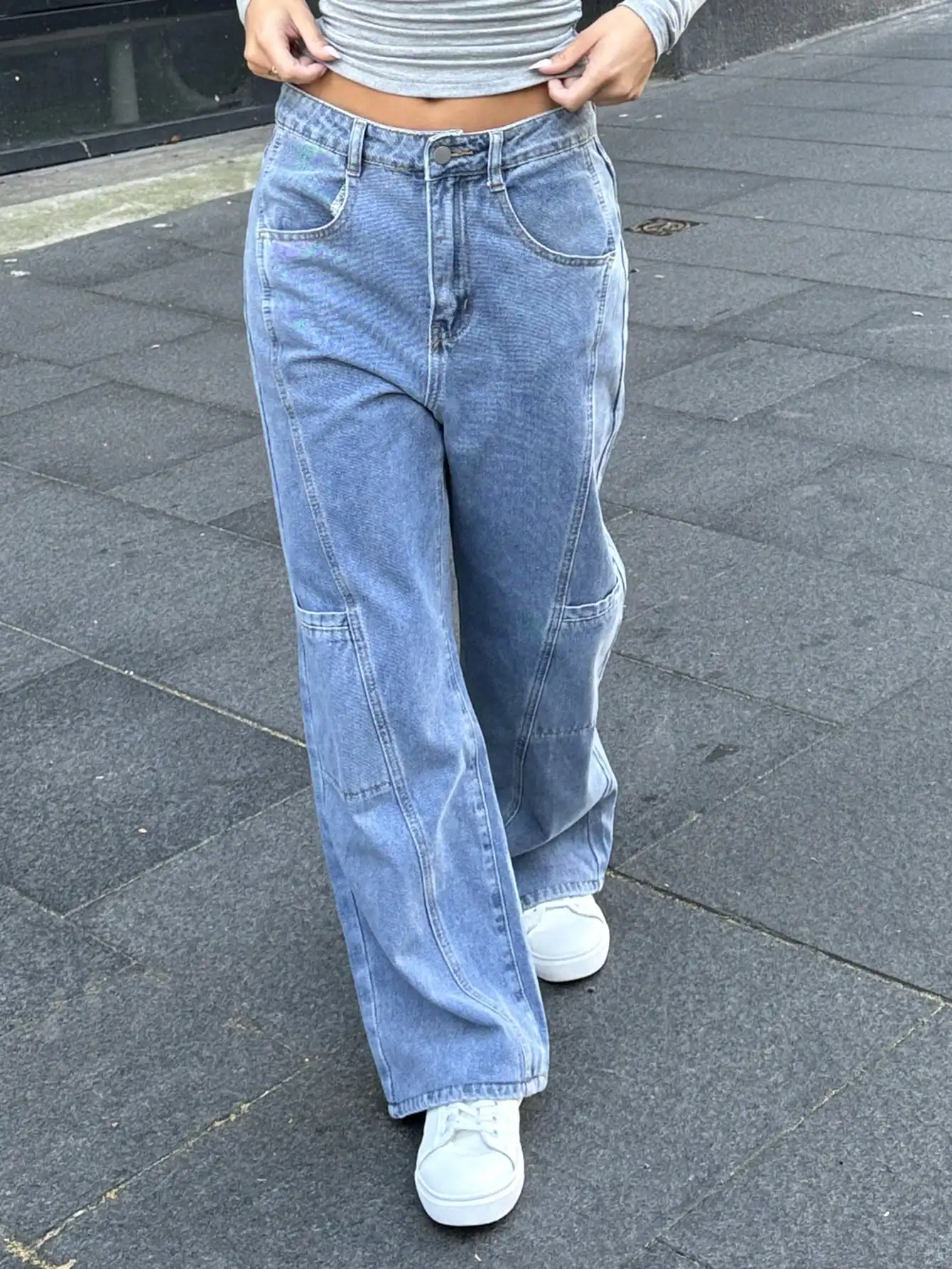 Women's Denim Straight Leg Pants With Zipper And Button Closure, Utility Pockets, Fashionable Casual Wear