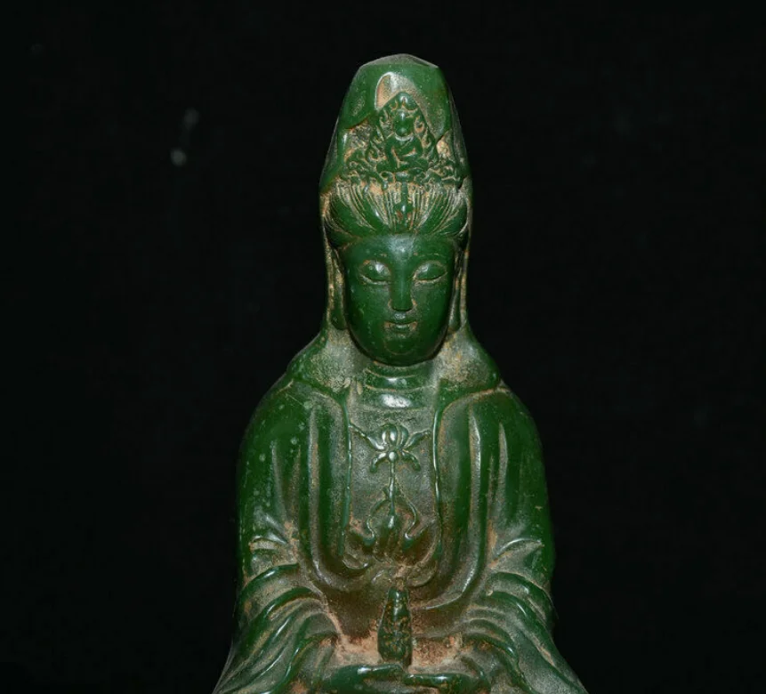 8.8” Old Chinese Green Jade Carving Kwan-yin Guan Yin Goddess Statue Sculpture