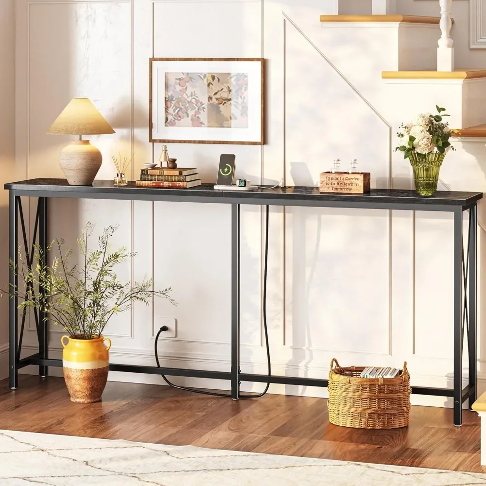 

70 Inch Console Table with Outlets and USB-C Port, Extra Long Behind Couch Sofa Table with X-Shaped Design, Narrow for Entryway