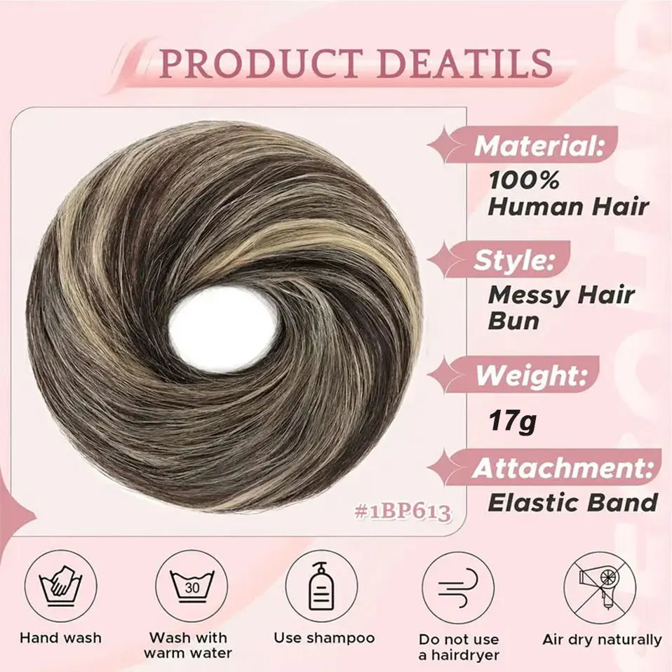 S-noilite Human Hair Bun 100% Real Human Hair 17g Messy Bun Natural Tousled Fluffy Donut Updo Elegant Chignon Hairpiece Ponytail