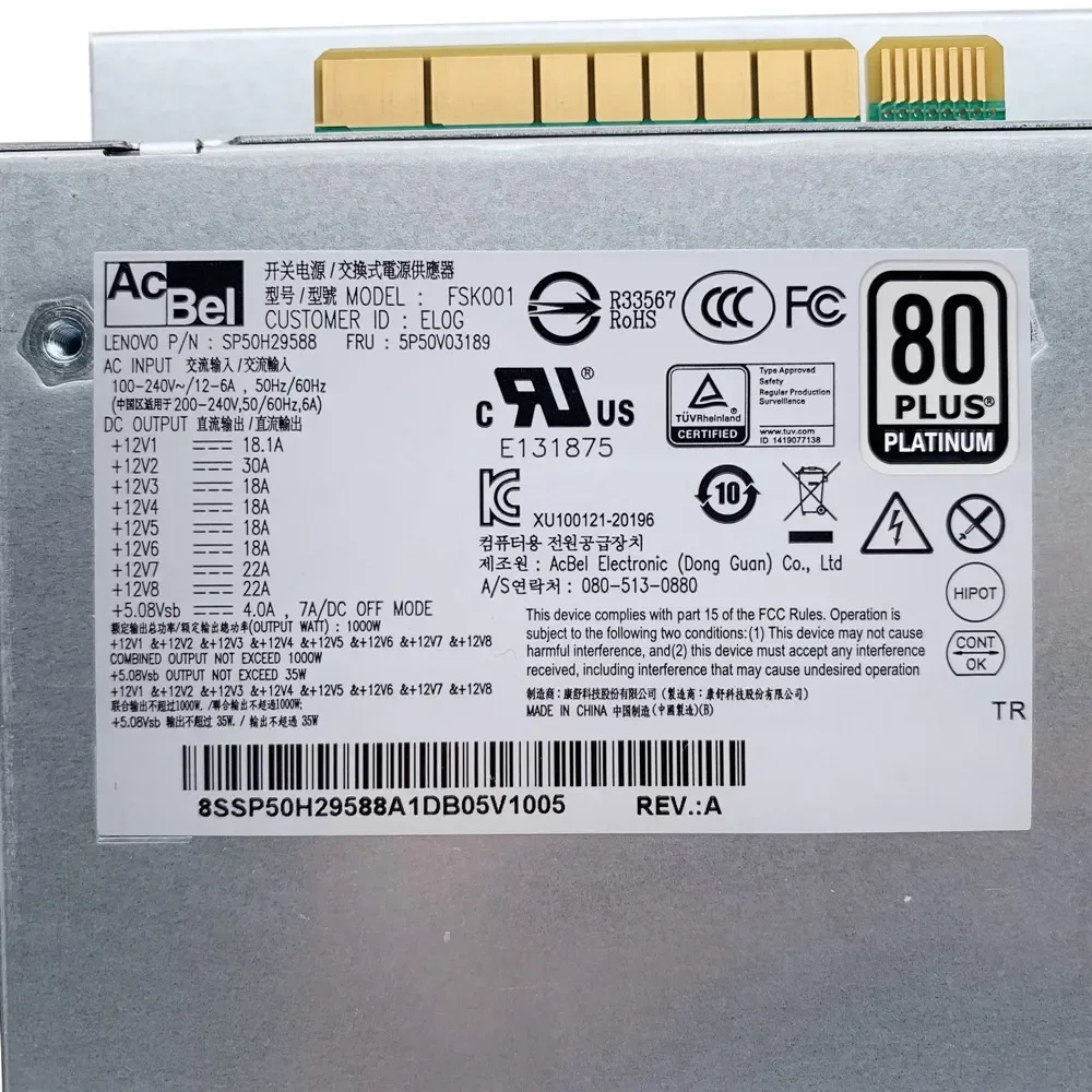 A=For Lenovo P520 P620 P720 1000W Power Supply 5P50V03189 5P50V03173 5P50V03211 FSK001 DPS-1000AB-12 A 100% Tested