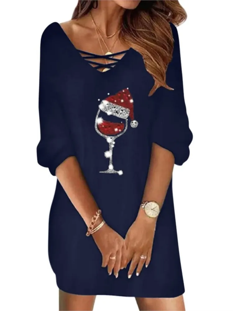 

2025 Spring Summer New Dress Women's Fashion Print Dress Cross Strap V Neck Long Sleeve Dress Casual Loose Pullover Dresses