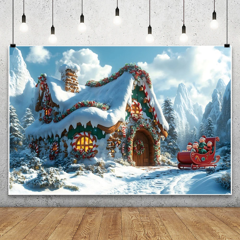 Feliz Navidad casa de nieve telón de fondo bosque de invierno paisaje nevado piruleta Santa cuento de hadas fotografía fondo estudio fotográfico