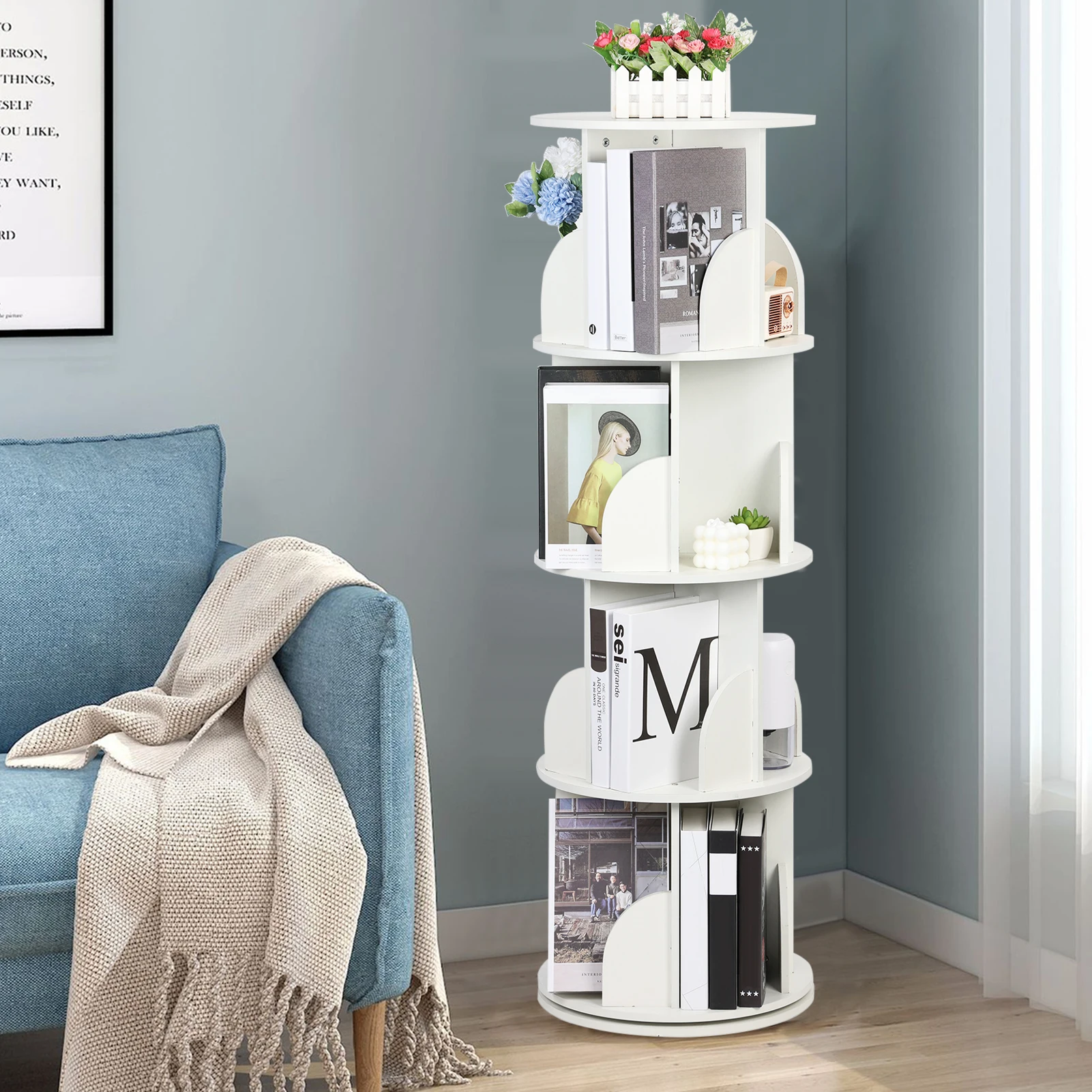 Rotating bookshelf, children's picture book rack, simple household use, space saving, minimalist floor standing