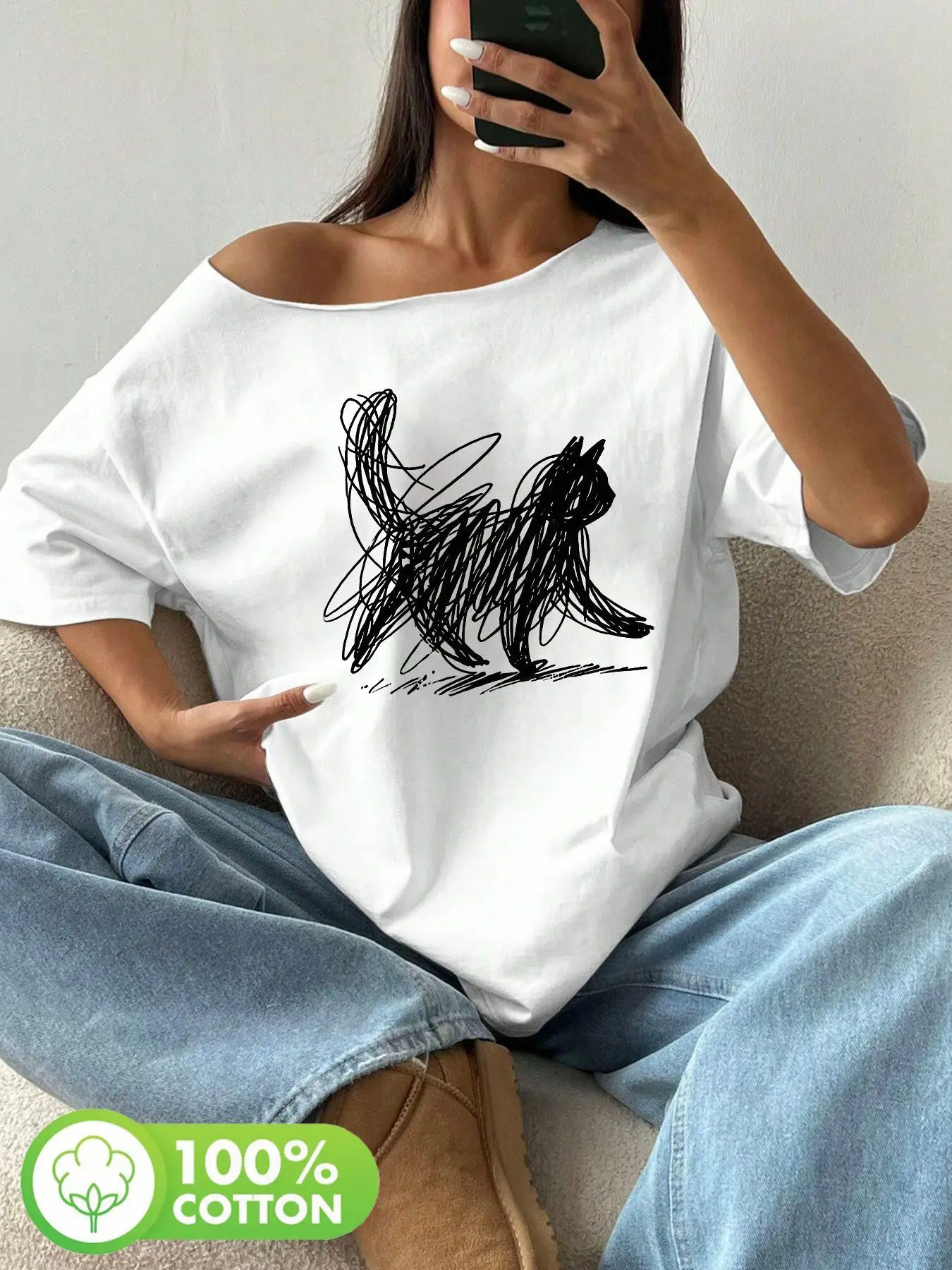 

Plus Size Solid Black Minimalist Cotton Shoulder Loose Print T-Shirt Oversized Y2K Style Graphic Tees Women Tops Summer Off T