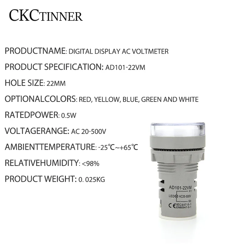 22mm AD16-22DSV Round Digital Voltmeter AC 60-500V Mini Voltage Meter LED Digital Display Voltmeter Indicator Light Pilot Lamp