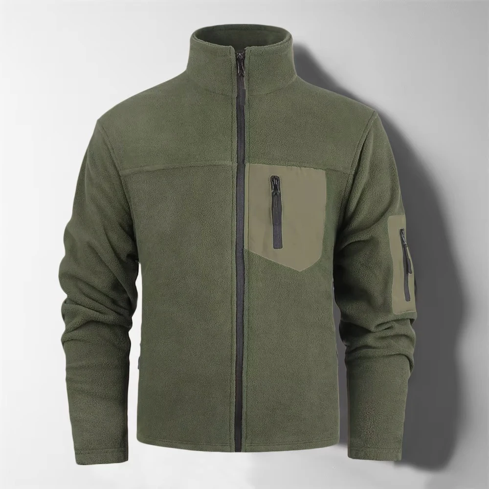 Autumn Winter Men's Zipper Pocket Jacket Coat Polar Fleece Windproof Stand Collar Thermal Outerwear Male Fashion Cargo Jacket