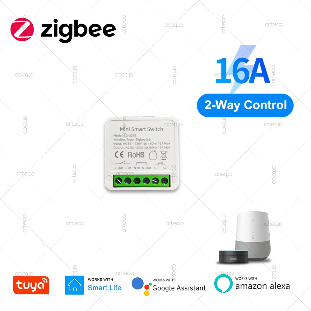 

Tuya Zigbee Mini Smart DIY Switch 2Way 16A Модуль управления Умный дом Реле Световая автоматизация Выключатель работает с Alexa Google Home